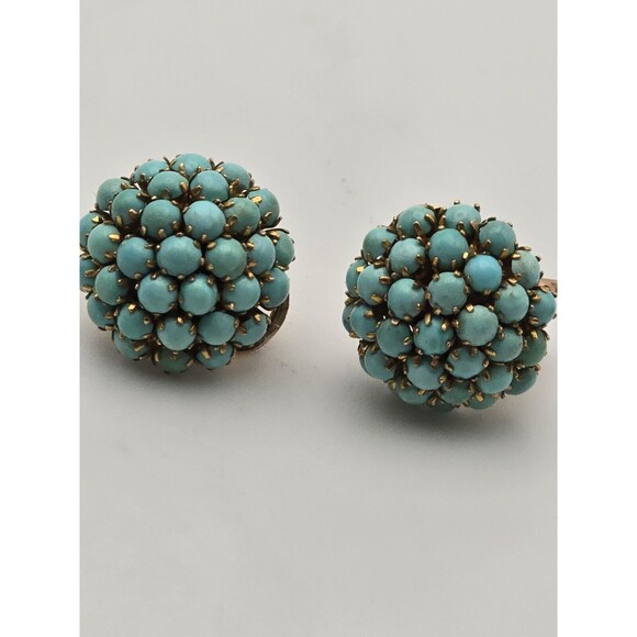 Vintage 14k Gold Turquoise Cluster Earrings –Victorian Design, Persian Turquoise